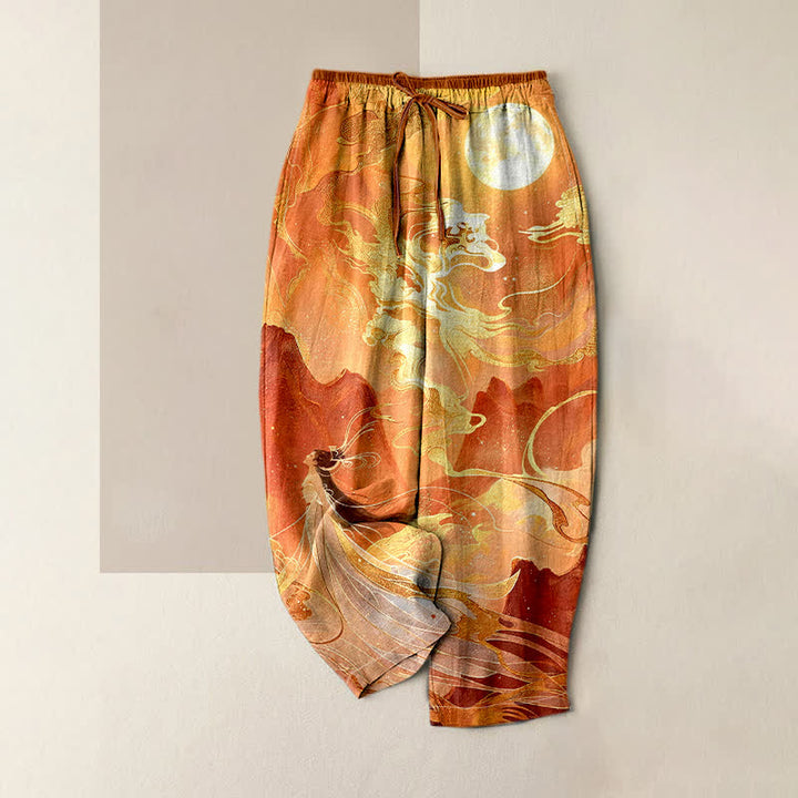 Buddha Stones Pantaloni da donna in puro cotone con elastico in vita e tasche, fantasia "Fata, Luna Dorata, Nuvole e Paesaggio". - Arancia - US16, UK/AU20, EU48 (3XL) - image 3