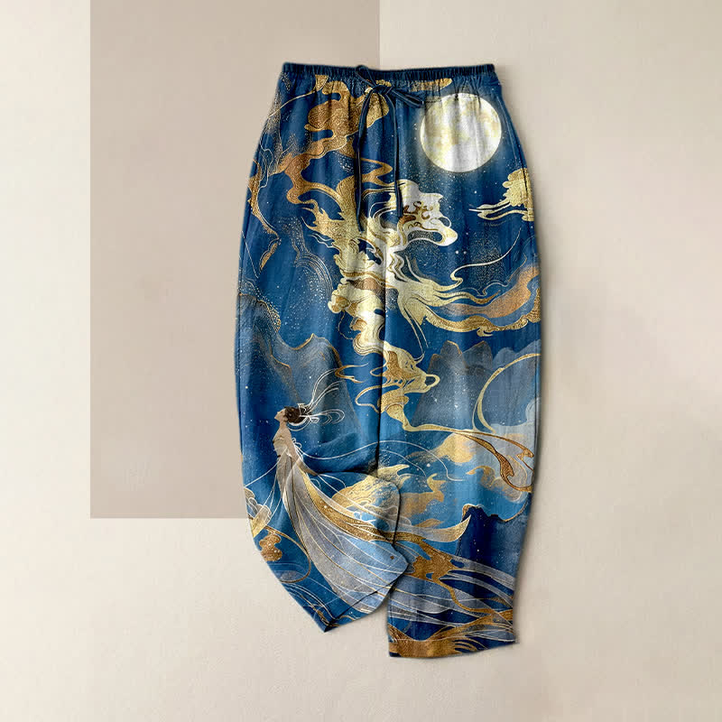 Buddha Stones Pantaloni da donna in puro cotone con elastico in vita e tasche, fantasia "Fata, Luna Dorata, Nuvole e Paesaggio". - Blu reale - US16, UK/AU20, EU48 (3XL) - image 4