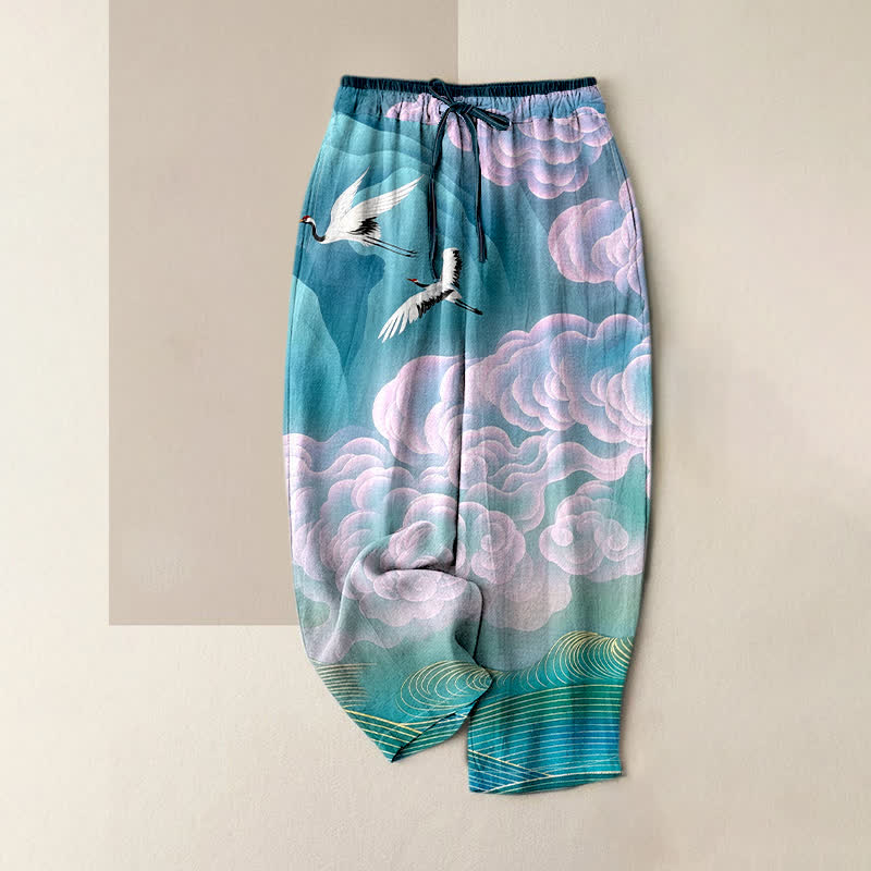 Buddha Stones Pantaloni da donna in puro cotone con elastico in vita e tasche, fantasia sfumata "Gru volante, nuvole". - Turchese - US16, UK/AU20, EU48 (3XL) - image 0