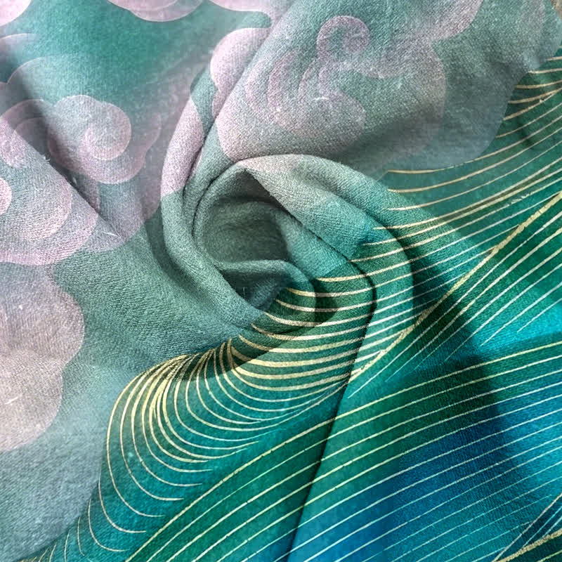 Buddha Stones Pantaloni da donna in puro cotone con elastico in vita e tasche, fantasia sfumata "Gru volante, nuvole". - image 1