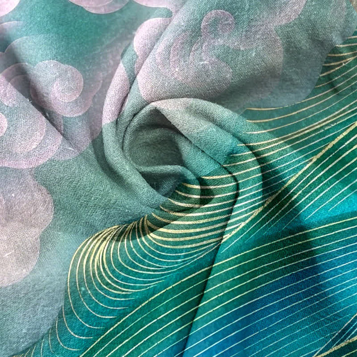 Buddha Stones Pantaloni da donna in puro cotone con elastico in vita e tasche, fantasia sfumata "Gru volante, nuvole". - image 1