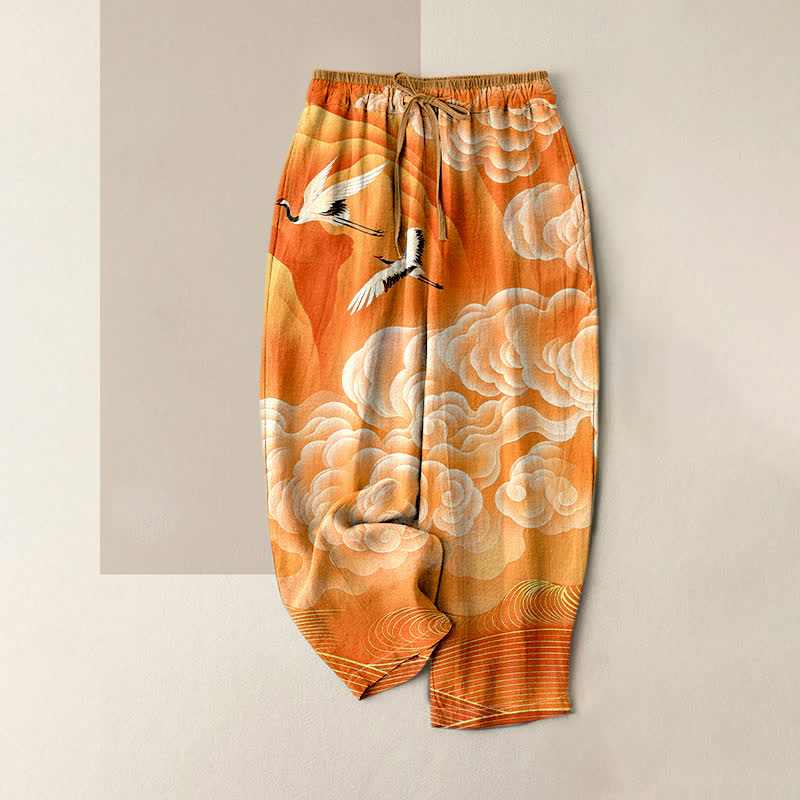 Buddha Stones Pantaloni da donna in puro cotone con elastico in vita e tasche, fantasia sfumata "Gru volante, nuvole". - Arancia - US16, UK/AU20, EU48 (3XL) - image 3