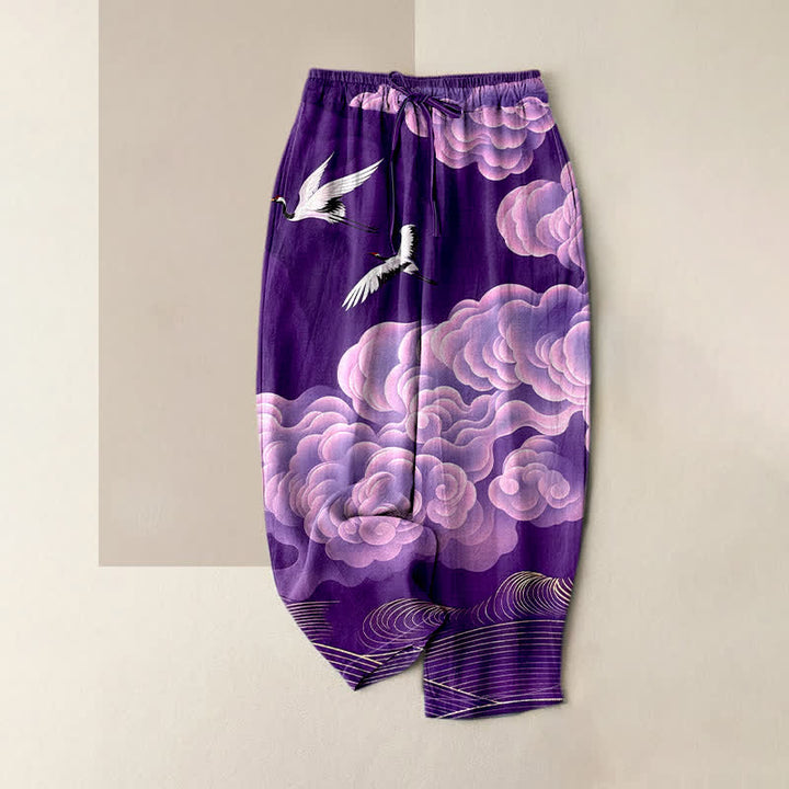 Buddha Stones Pantaloni da donna in puro cotone con elastico in vita e tasche, fantasia sfumata "Gru volante, nuvole". - Viola - US16, UK/AU20, EU48 (3XL) - image 4