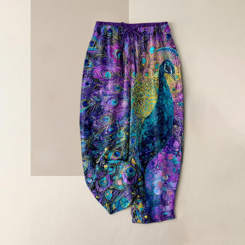 Buddha Stones Pantaloni da donna in puro cotone con elastico in vita e tasche, fantasia a piume di pavone. - BluViola - US16, UK/AU20, EU48 (3XL) - image 0