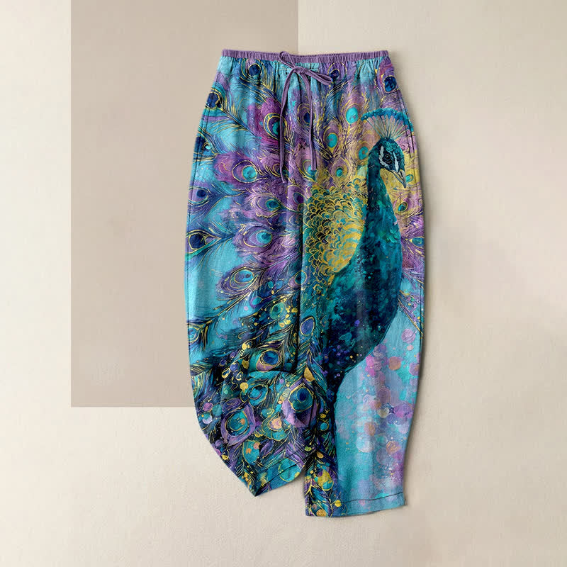 Buddha Stones Pantaloni da donna in puro cotone con elastico in vita e tasche, fantasia a piume di pavone. - Azzurro cielo chiaro - US16, UK/AU20, EU48 (3XL) - image 4