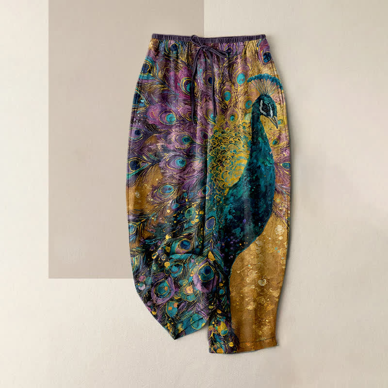 Buddha Stones Pantaloni da donna in puro cotone con elastico in vita e tasche, fantasia a piume di pavone. - Verga d'oro - US16, UK/AU20, EU48 (3XL) - image 5