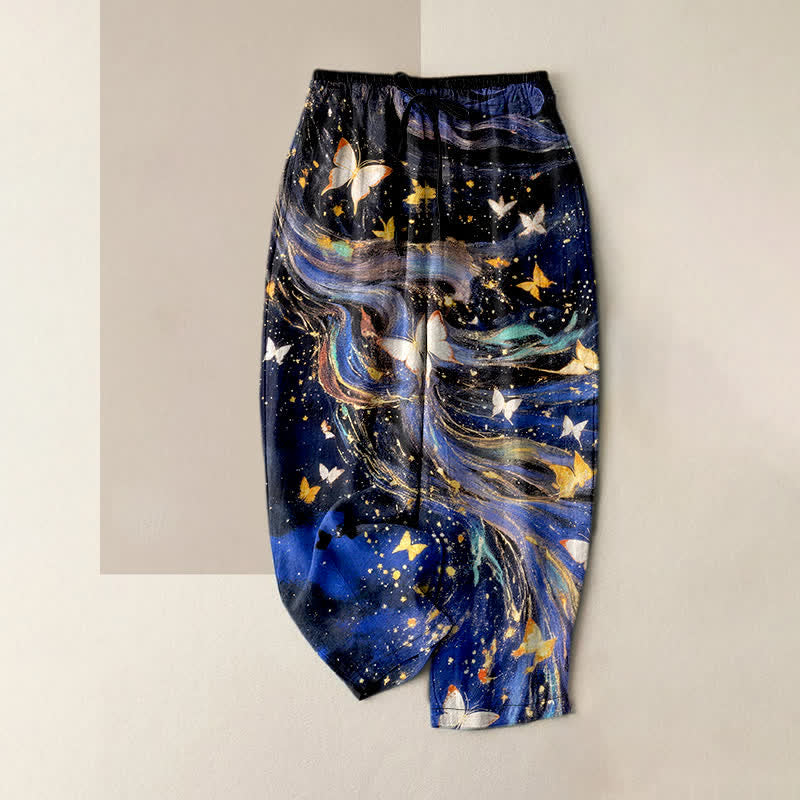 Buddha Stones Pantaloni da donna in cotone con elastico in vita e tasche, fantasia a stelle e farfalle con nastro. - Blu notte - US16, UK/AU20, EU48 (3XL) - image 0