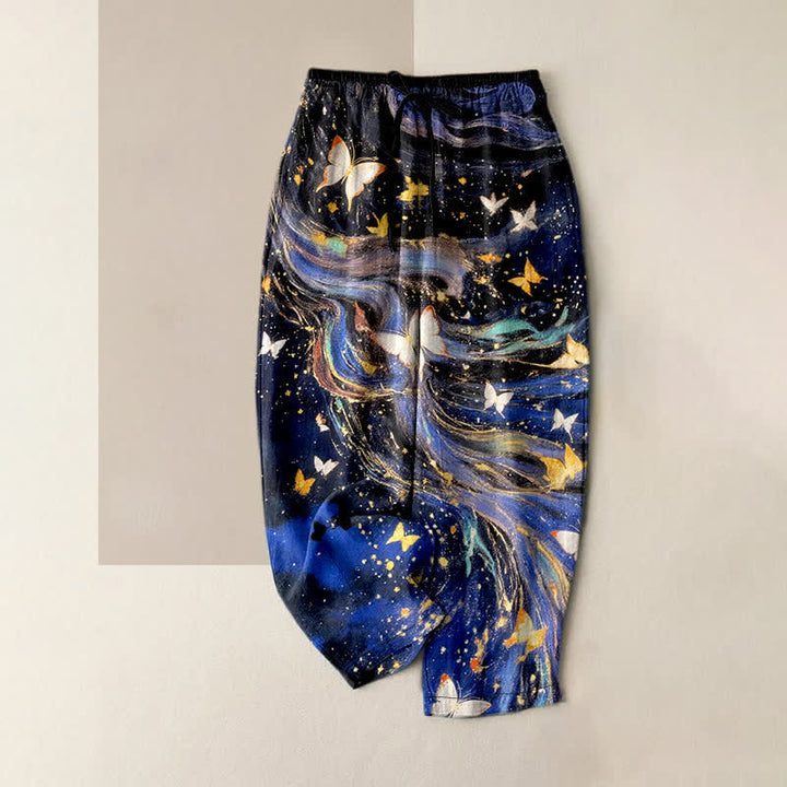 Buddha Stones Pantaloni da donna in cotone con elastico in vita e tasche, fantasia a stelle e farfalle con nastro. - Blu notte - US16, UK/AU20, EU48 (3XL) - image 0