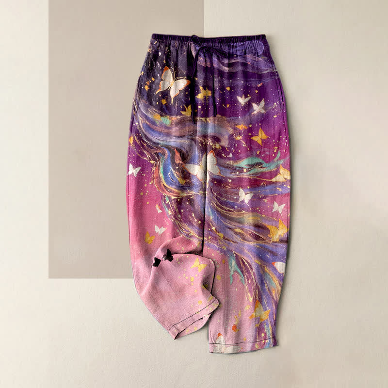Buddha Stones Pantaloni da donna in cotone con elastico in vita e tasche, fantasia a stelle e farfalle con nastro. - Viola - US16, UK/AU20, EU48 (3XL) - image 4