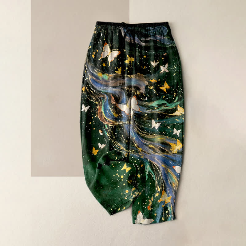 Buddha Stones Pantaloni da donna in cotone con elastico in vita e tasche, fantasia a stelle e farfalle con nastro. - Verde scuro - US16, UK/AU20, EU48 (3XL) - image 5