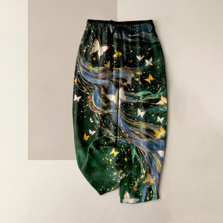 Buddha Stones Pantaloni da donna in cotone con elastico in vita e tasche, fantasia a stelle e farfalle con nastro. - Verde scuro - US16, UK/AU20, EU48 (3XL) - image 5