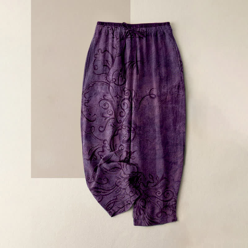 Buddha Stones Pantaloni da donna in velluto di cotone con motivo a volute e elastico in vita, con tasche. - Viola - US16, UK/AU20, EU48 (3XL) - image 0