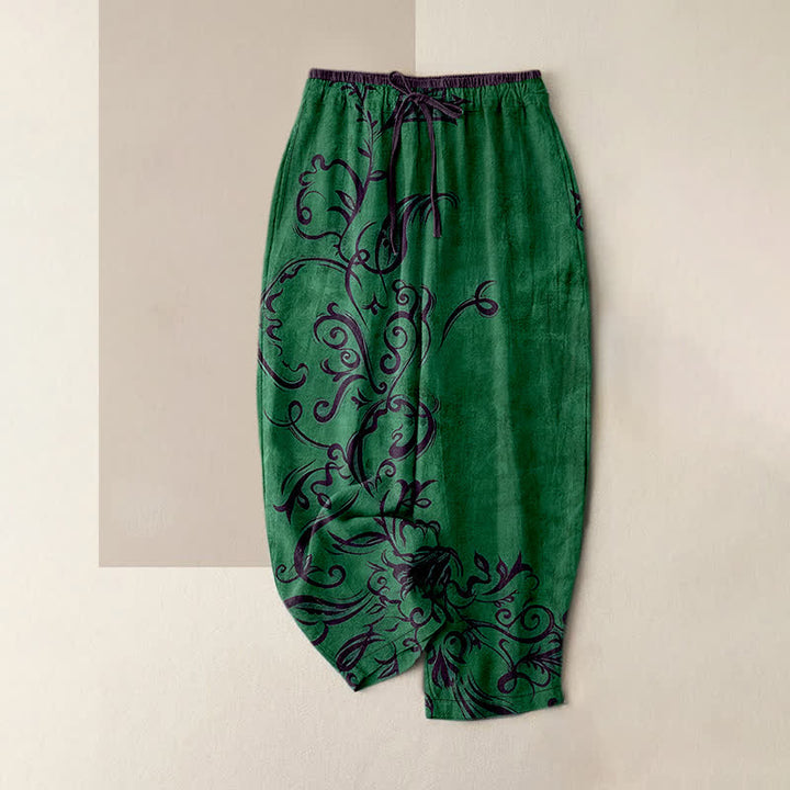 Buddha Stones Pantaloni da donna in velluto di cotone con motivo a volute e elastico in vita, con tasche. - Verde studentesco - US16, UK/AU20, EU48 (3XL) - image 4