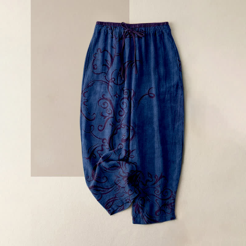 Buddha Stones Pantaloni da donna in velluto di cotone con motivo a volute e elastico in vita, con tasche. - Marina - US16, UK/AU20, EU48 (3XL) - image 5