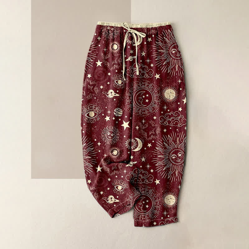 Buddha Stones Pantaloni da donna in puro cotone con elastico in vita e tasche, fantasia celeste sole, luna e stelle. - Rosso scuro - US16, UK/AU20, EU48 (3XL) - image 3