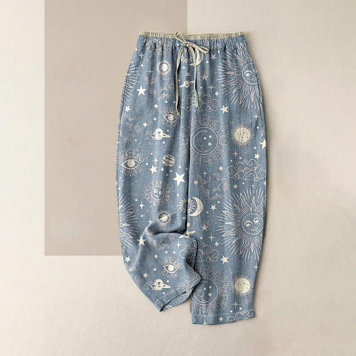 Buddha Stones Pantaloni da donna in puro cotone con elastico in vita e tasche, fantasia celeste sole, luna e stelle. - Blu acciaio chiaro - US16, UK/AU20, EU48 (3XL) - image 4