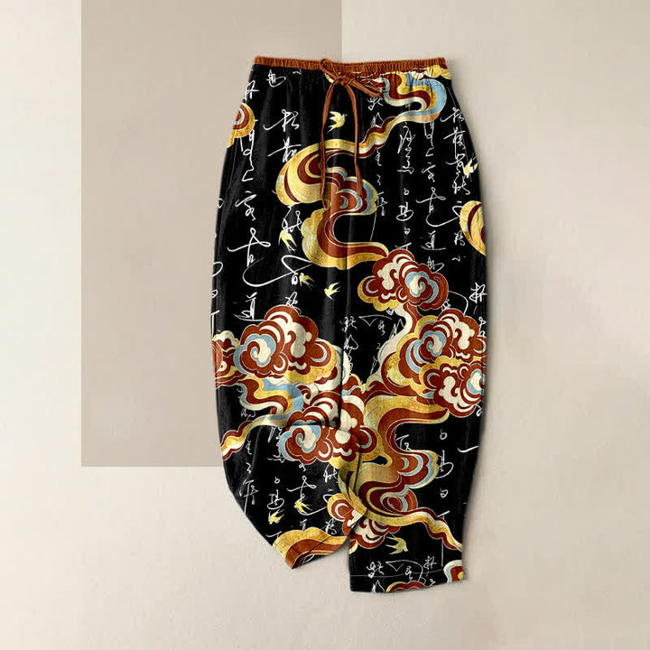 Buddha Stones Pantaloni da donna in puro cotone con elastico in vita e tasche, con motivo calligrafico "Nuvola Orientale". - Nero - US16, UK/AU20, EU48 (3XL) - image 0