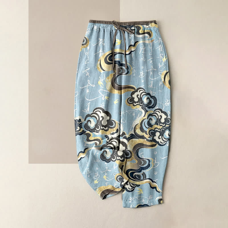 Buddha Stones Pantaloni da donna in puro cotone con elastico in vita e tasche, con motivo calligrafico "Nuvola Orientale". - Azzurro polvere - US16, UK/AU20, EU48 (3XL) - image 3
