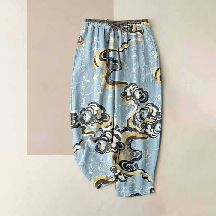Buddha Stones Pantaloni da donna in puro cotone con elastico in vita e tasche, con motivo calligrafico "Nuvola Orientale". - Azzurro polvere - US16, UK/AU20, EU48 (3XL) - image 3