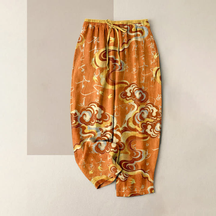 Buddha Stones Pantaloni da donna in puro cotone con elastico in vita e tasche, con motivo calligrafico "Nuvola Orientale". - Arancia - US16, UK/AU20, EU48 (3XL) - image 4