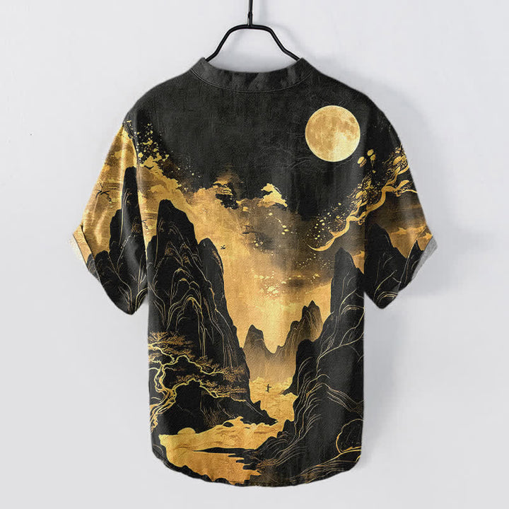 Buddha Stones Camicia da uomo a maniche corte con mezzo bottone, in cotone, con motivo paesaggio lunare dorato. - image 1