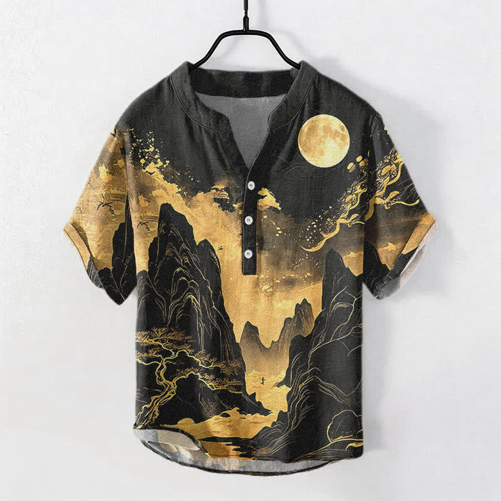 Buddha Stones Camicia da uomo a maniche corte con mezzo bottone, in cotone, con motivo paesaggio lunare dorato. - Nero - US/UK/AU50, EU60 (5XL) - image 0