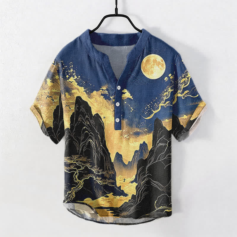 Buddha Stones Camicia da uomo a maniche corte con mezzo bottone, in cotone, con motivo paesaggio lunare dorato. - Blu scuro - US/UK/AU50, EU60 (5XL) - image 5