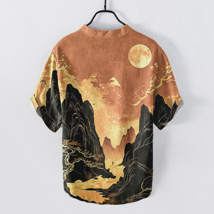 Buddha Stones Camicia da uomo a maniche corte con mezzo bottone, in cotone, con motivo paesaggio lunare dorato. - image 8