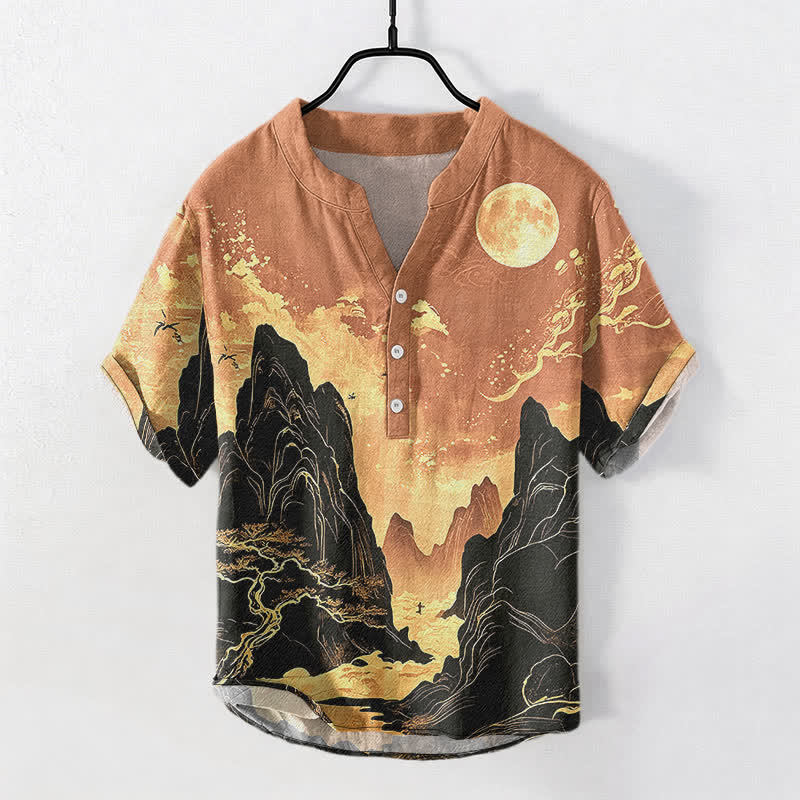 Buddha Stones Camicia da uomo a maniche corte con mezzo bottone, in cotone, con motivo paesaggio lunare dorato. - SandyBrown - US/UK/AU50, EU60 (5XL) - image 7