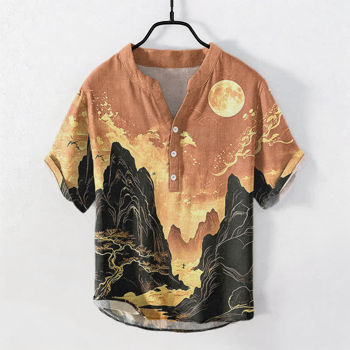 Buddha Stones Camicia da uomo a maniche corte con mezzo bottone, in cotone, con motivo paesaggio lunare dorato. - SandyBrown - US/UK/AU50, EU60 (5XL) - image 7