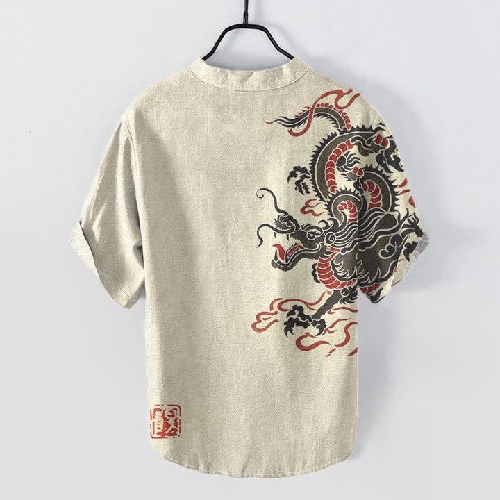 Buddha Stones Camicia da uomo a maniche corte con mezza abbottonatura, in cotone nero con motivo drago rosso. - image 1