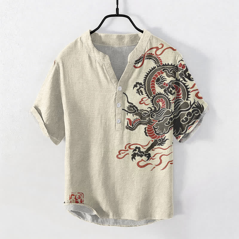 Buddha Stones Camicia da uomo a maniche corte con mezza abbottonatura, in cotone nero con motivo drago rosso. - Beige - US/UK/AU50, EU60 (5XL) - image 0