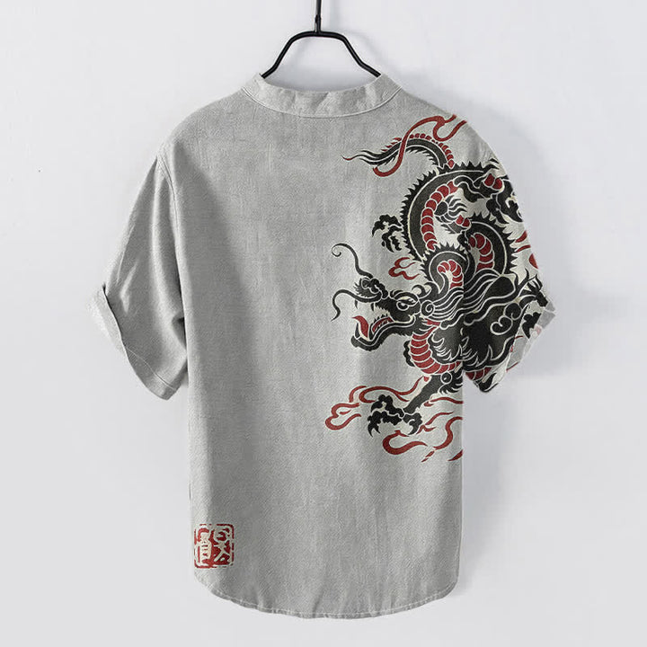 Buddha Stones Camicia da uomo a maniche corte con mezza abbottonatura, in cotone nero con motivo drago rosso. - image 4
