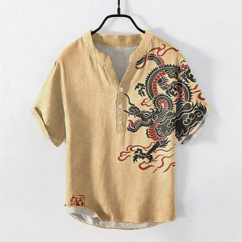 Buddha Stones Camicia da uomo a maniche corte con mezza abbottonatura, in cotone nero con motivo drago rosso. - image 5