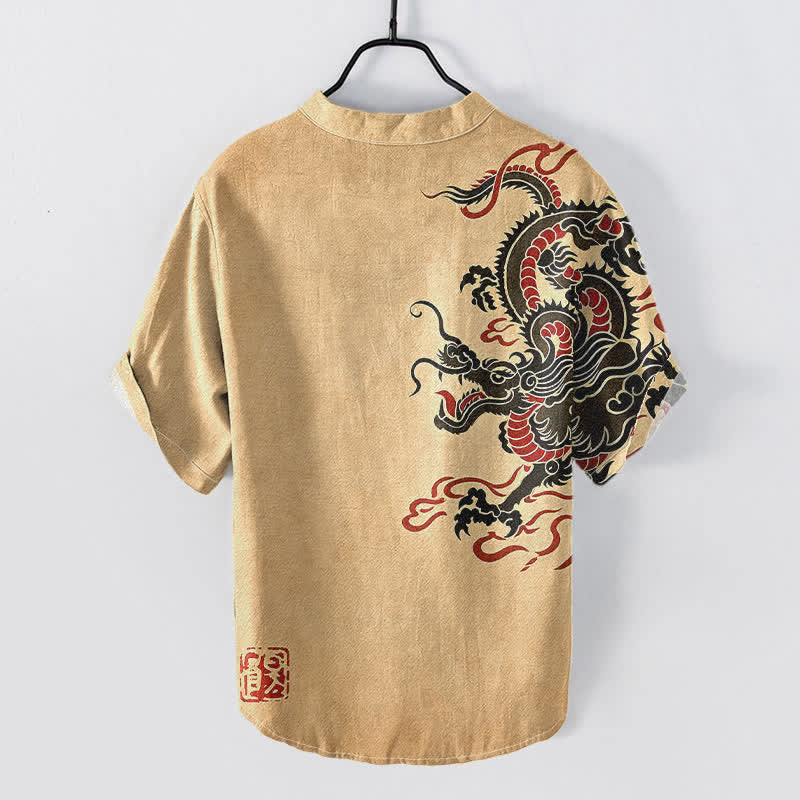 Buddha Stones Camicia da uomo a maniche corte con mezza abbottonatura, in cotone nero con motivo drago rosso. - Legno robusto - US/UK/AU50, EU60 (5XL) - image 6
