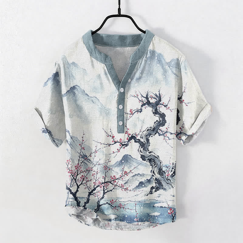Buddha Stones Camicia da uomo a maniche corte in cotone lavato a inchiostro con motivo a prugne di montagna e mezzo bottone. - AliceBlue - US/UK/AU50, EU60 (5XL) - image 0