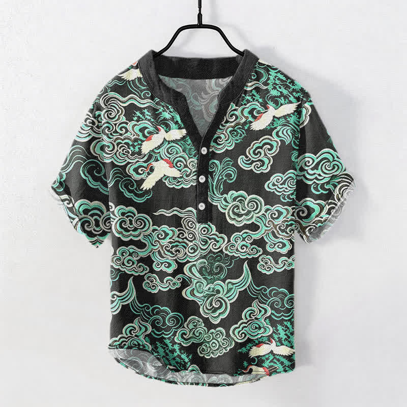 Buddha Stones Camicia da uomo a maniche corte con mezza abbottonatura, in cotone, con motivo a gru e nuvole color menta. - Nero - US/UK/AU50, EU60 (5XL) - image 0