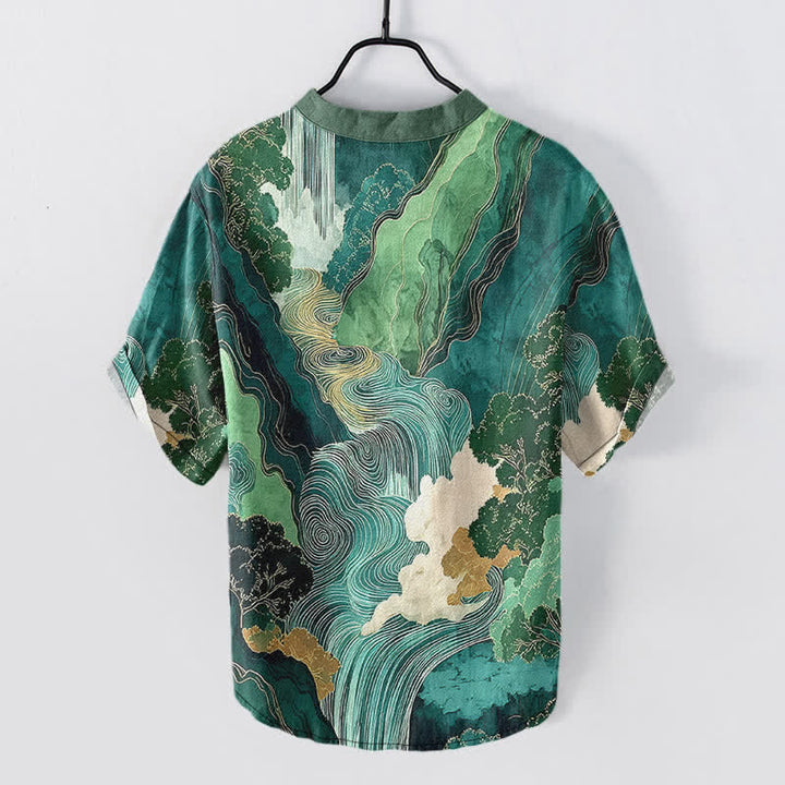 Buddha Stones Camicia da uomo a maniche corte con mezza abbottonatura, in cotone, con stampa paesaggistica orientale a inchiostro. - image 1