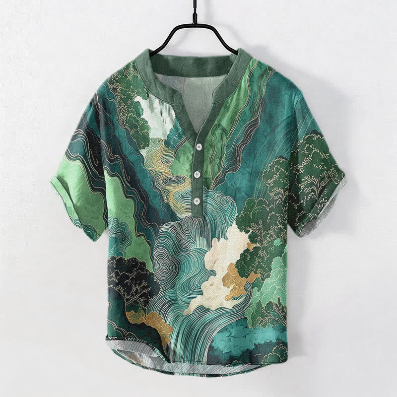 Buddha Stones Camicia da uomo a maniche corte con mezza abbottonatura, in cotone, con stampa paesaggistica orientale a inchiostro. - Verde acqua - US/UK/AU50, EU60 (5XL) - image 0