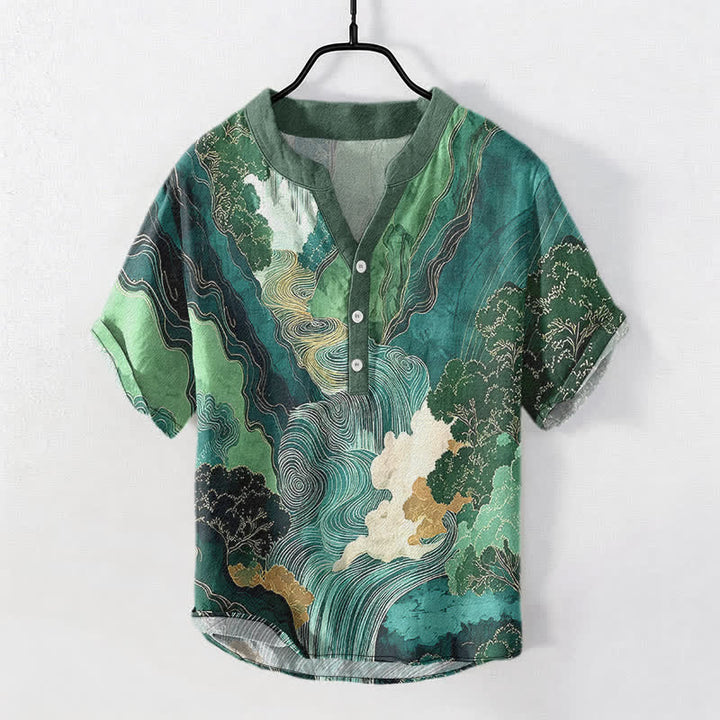 Buddha Stones Camicia da uomo a maniche corte con mezza abbottonatura, in cotone, con stampa paesaggistica orientale a inchiostro. - Verde acqua - US/UK/AU50, EU60 (5XL) - image 0