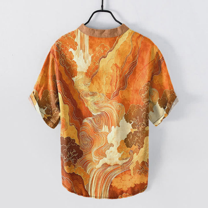Buddha Stones Camicia da uomo a maniche corte con mezza abbottonatura, in cotone, con stampa paesaggistica orientale a inchiostro. - image 6