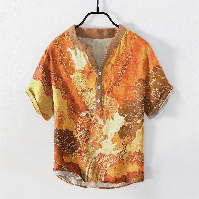 Buddha Stones Camicia da uomo a maniche corte con mezza abbottonatura, in cotone, con stampa paesaggistica orientale a inchiostro. - SandyBrown - US/UK/AU50, EU60 (5XL) - image 5