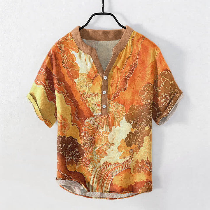 Buddha Stones Camicia da uomo a maniche corte con mezza abbottonatura, in cotone, con stampa paesaggistica orientale a inchiostro. - SandyBrown - US/UK/AU50, EU60 (5XL) - image 5
