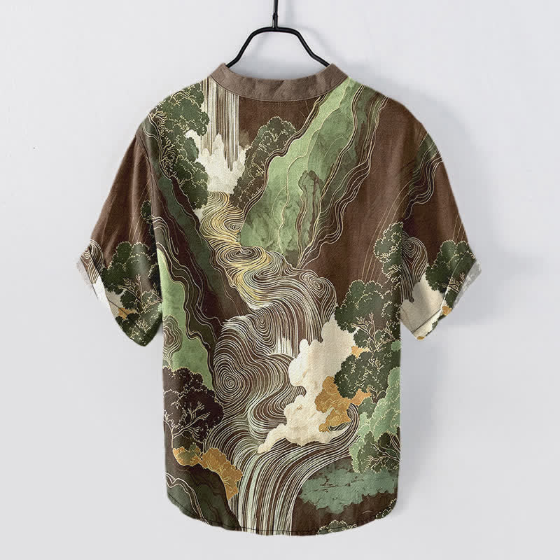 Buddha Stones Camicia da uomo a maniche corte con mezza abbottonatura, in cotone, con stampa paesaggistica orientale a inchiostro. - image 8