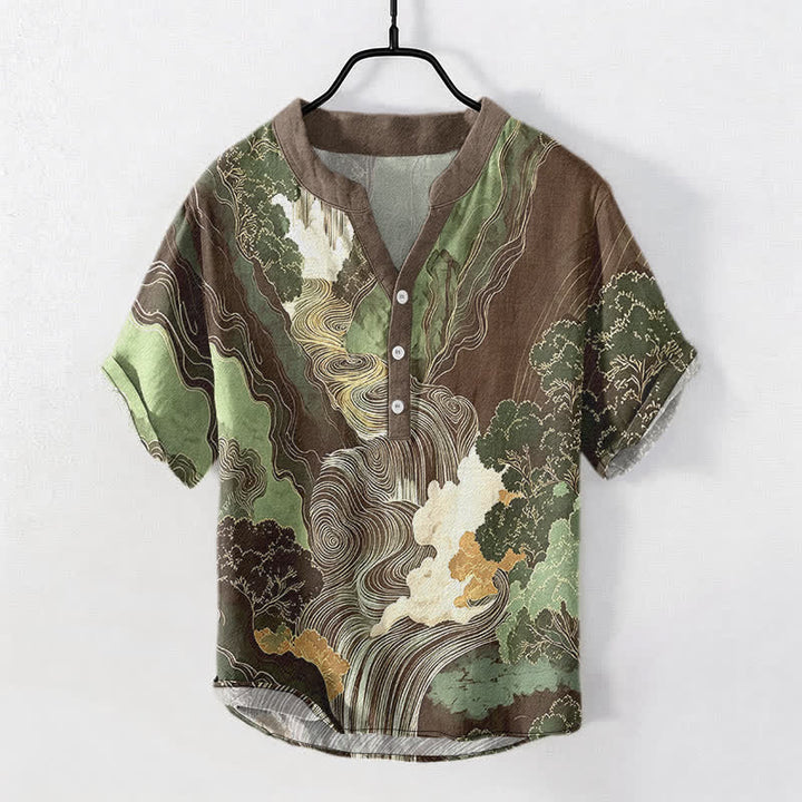 Buddha Stones Camicia da uomo a maniche corte con mezza abbottonatura, in cotone, con stampa paesaggistica orientale a inchiostro. - Marrone sella - US/UK/AU50, EU60 (5XL) - image 7