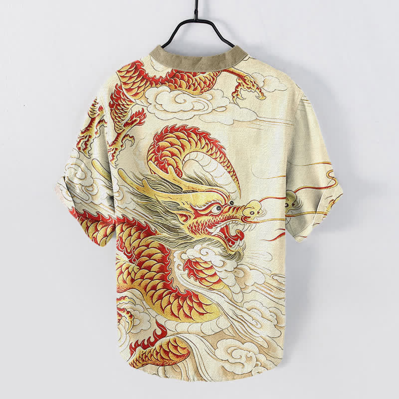 Buddha Stones Camicia da uomo a maniche corte con mezza abbottonatura, in cotone, con motivo drago dorato. - image 1