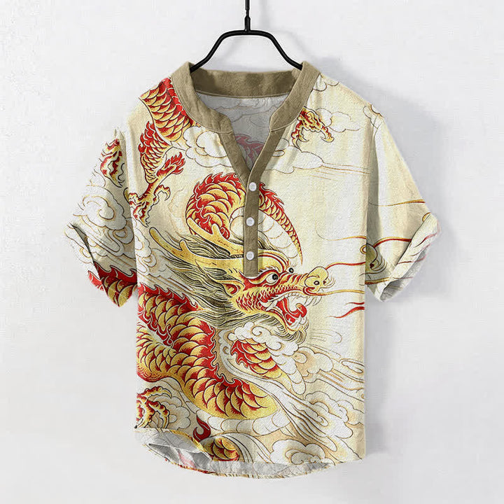 Buddha Stones Camicia da uomo a maniche corte con mezza abbottonatura, in cotone, con motivo drago dorato. - Avorio - US/UK/AU50, EU60 (5XL) - image 0