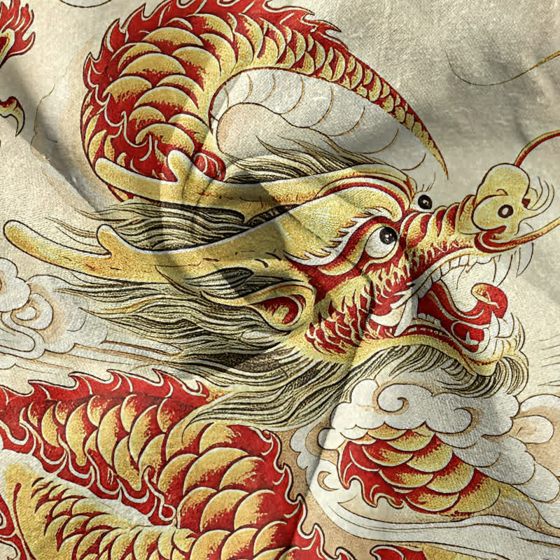 Buddha Stones Camicia da uomo a maniche corte con mezza abbottonatura, in cotone, con motivo drago dorato. - image 2