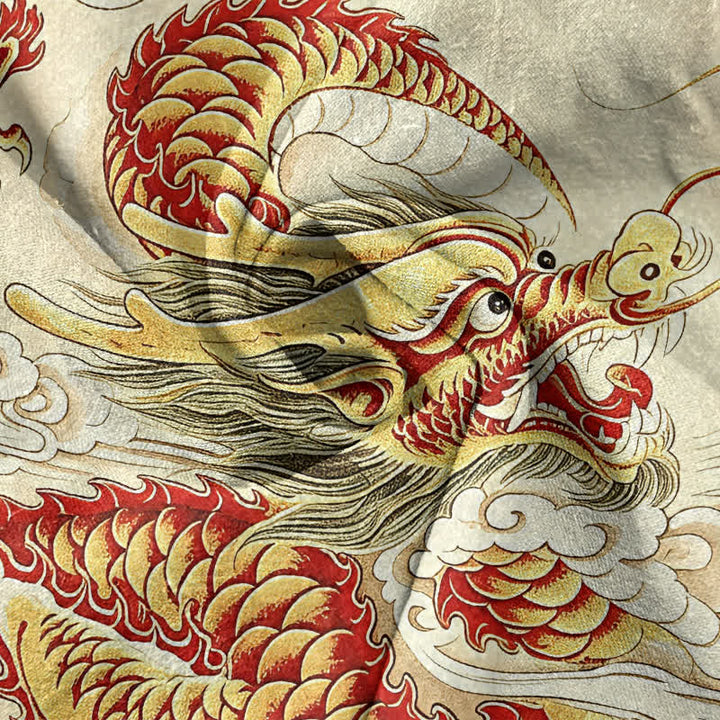 Buddha Stones Camicia da uomo a maniche corte con mezza abbottonatura, in cotone, con motivo drago dorato. - image 2
