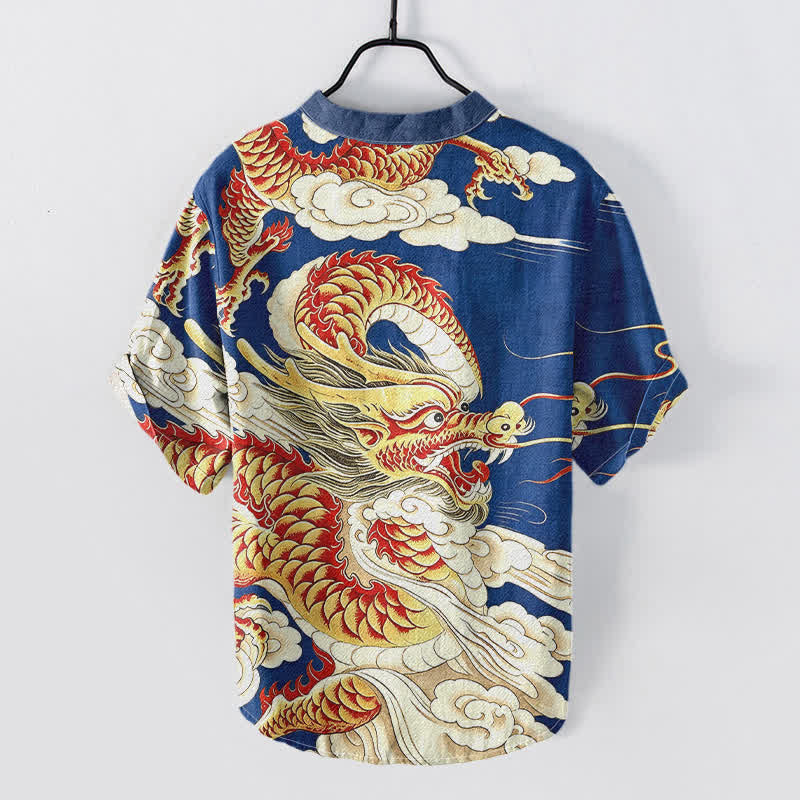 Buddha Stones Camicia da uomo a maniche corte con mezza abbottonatura, in cotone, con motivo drago dorato. - image 4